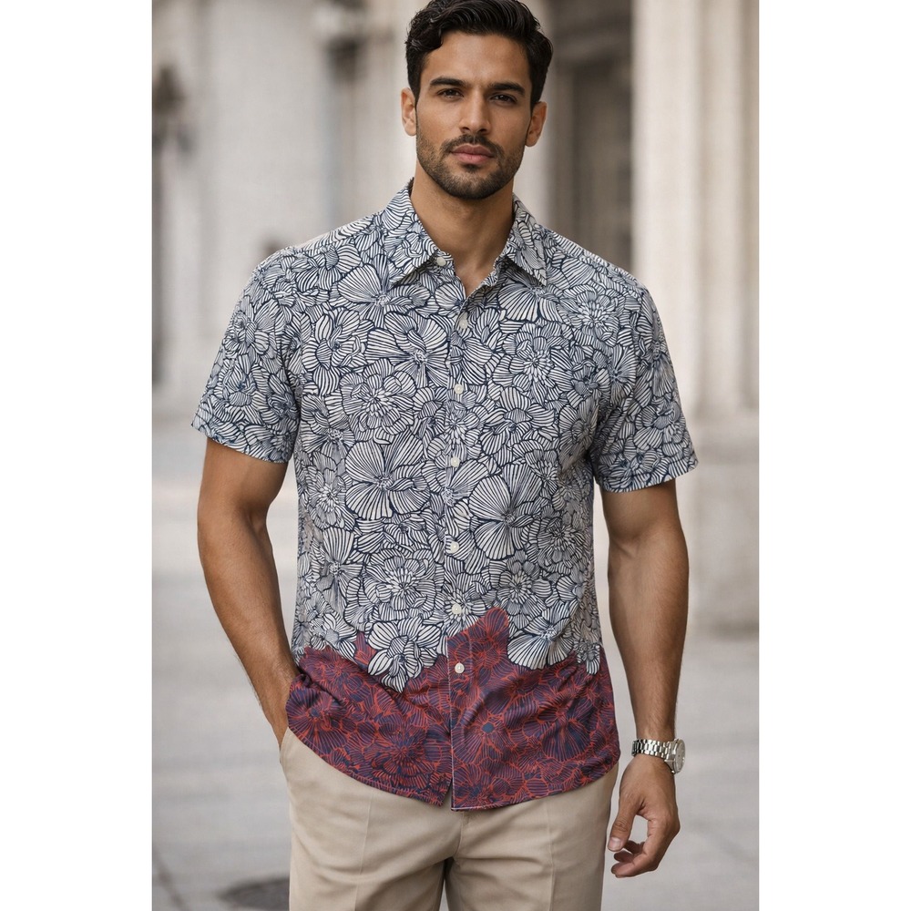 Perry Ellis Luau Button Down Hawaiian‎ Shirt Mens Large White Colorblock Floral